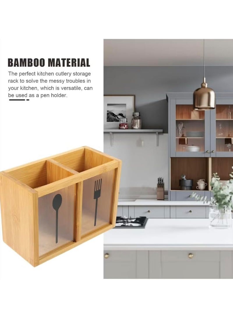 أوركيد منظم أدوات مائدة خشبي على شكل زهرة الأوركيد، صندوق تخزين للملاعق والشوك والسكاكين بألواح شفافة، حامل أدوات مطبخ من الخيزران لطاولة الطعام وسطح العمل، حامل أدوات مائدة المطبخ - Image 4